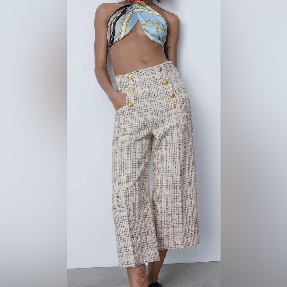 Zara White and Blue Ankle Cropped Pants - Picture 2 of 6
